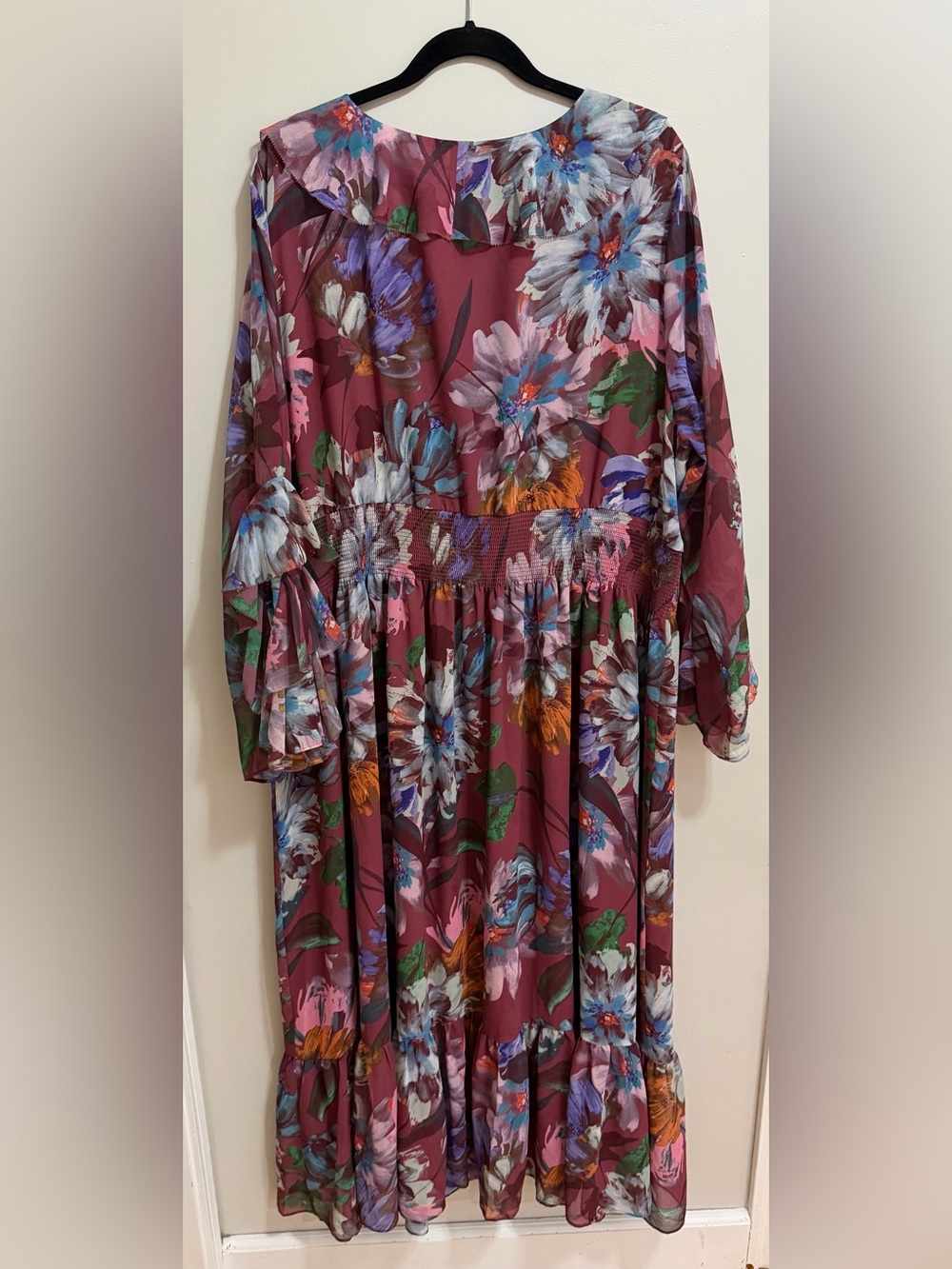 Soft Surroundings Floral Ruffle Maxi Dress Maroon Burgundy Plus Size 3X - Picture 11 of 12